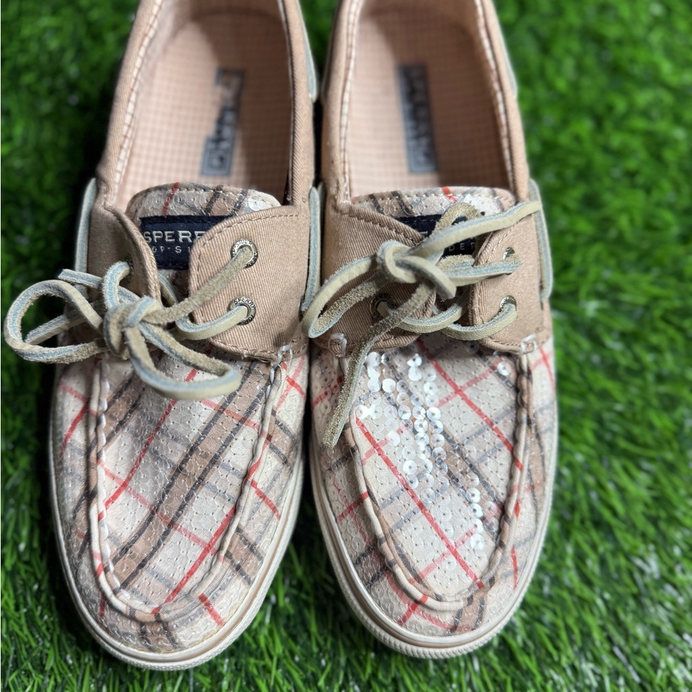 Sperry Tan Plaid Boat Shoes